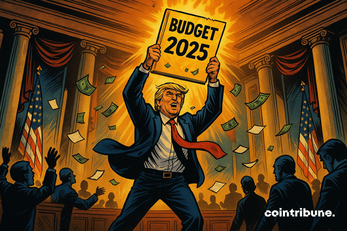 Donald Trump alzando un gigantesco documento titulado “Presupuesto 2025”, lo que simboliza la aprobación de su ley presupuestaria.