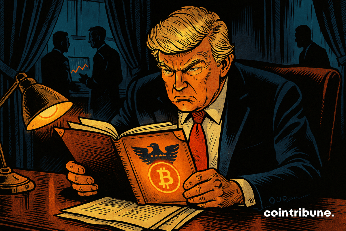 Dentro de um gabinete presidencial, uma figura inspirada em Trump observa um relatório com um símbolo de cripto.