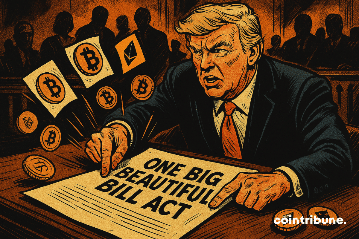 Um Donald Trump frustrado aponta para um documento legislativo, cercado por criptomoedas flutuantes, em uma cena dramática e cheia de energia.