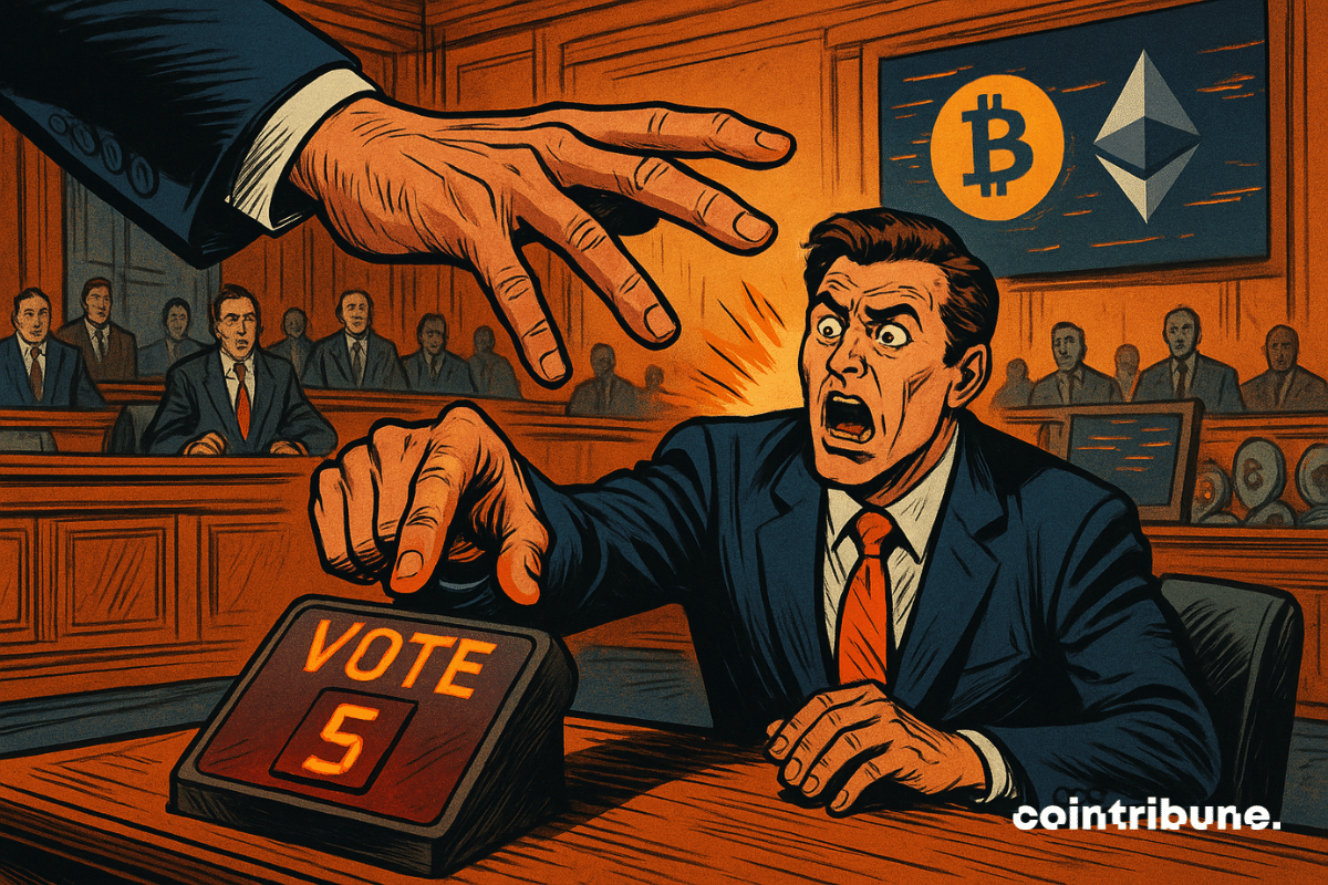Um deputado surpreso tenta apertar um botão “VOTAR” quando uma mão gigante surge para impedi-lo, com um fundo repleto de símbolos de criptomoedas.