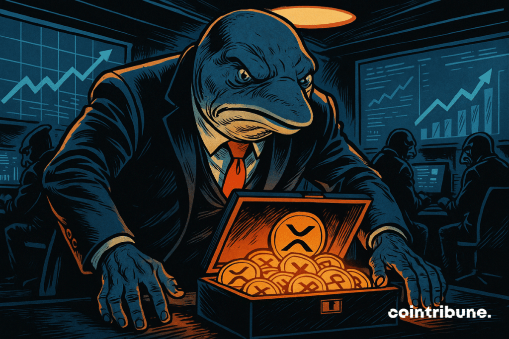 Uma baleia humanoide gigantesca está inclinada para frente, com as duas mãos firmemente apoiadas sobre um enorme baú digital aberto, cheio de criptos XRP brilhantes.