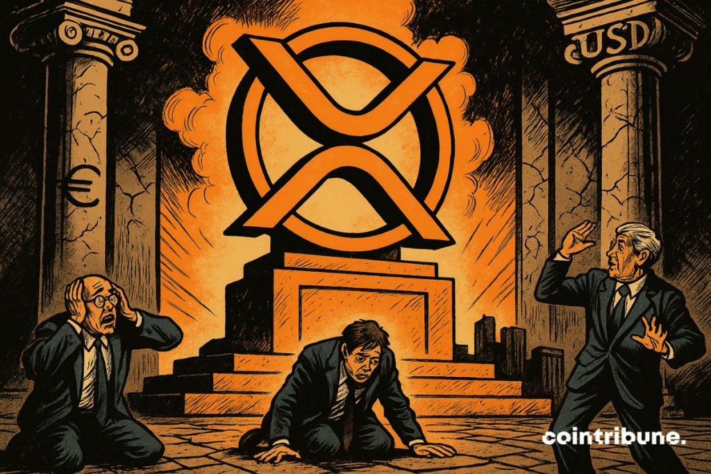 Banqueiros clássicos, visivelmente preocupados ou desorientados, de joelhos ou confusos. Uma estátua gigante do logotipo da criptomoeda XRP fica no centro.