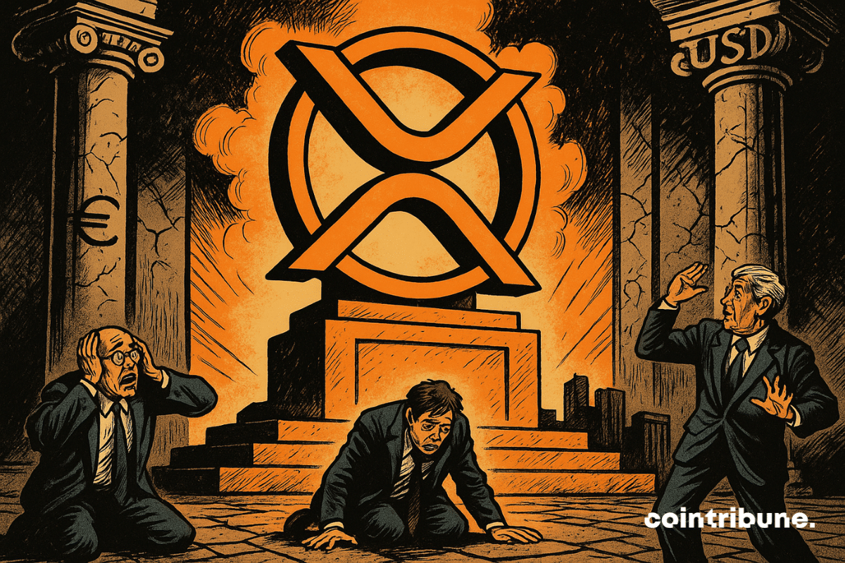 Classic bankers, visibly worried or disoriented, on their knees or confused. A giant statue of the XRP crypto logo sits in the center.