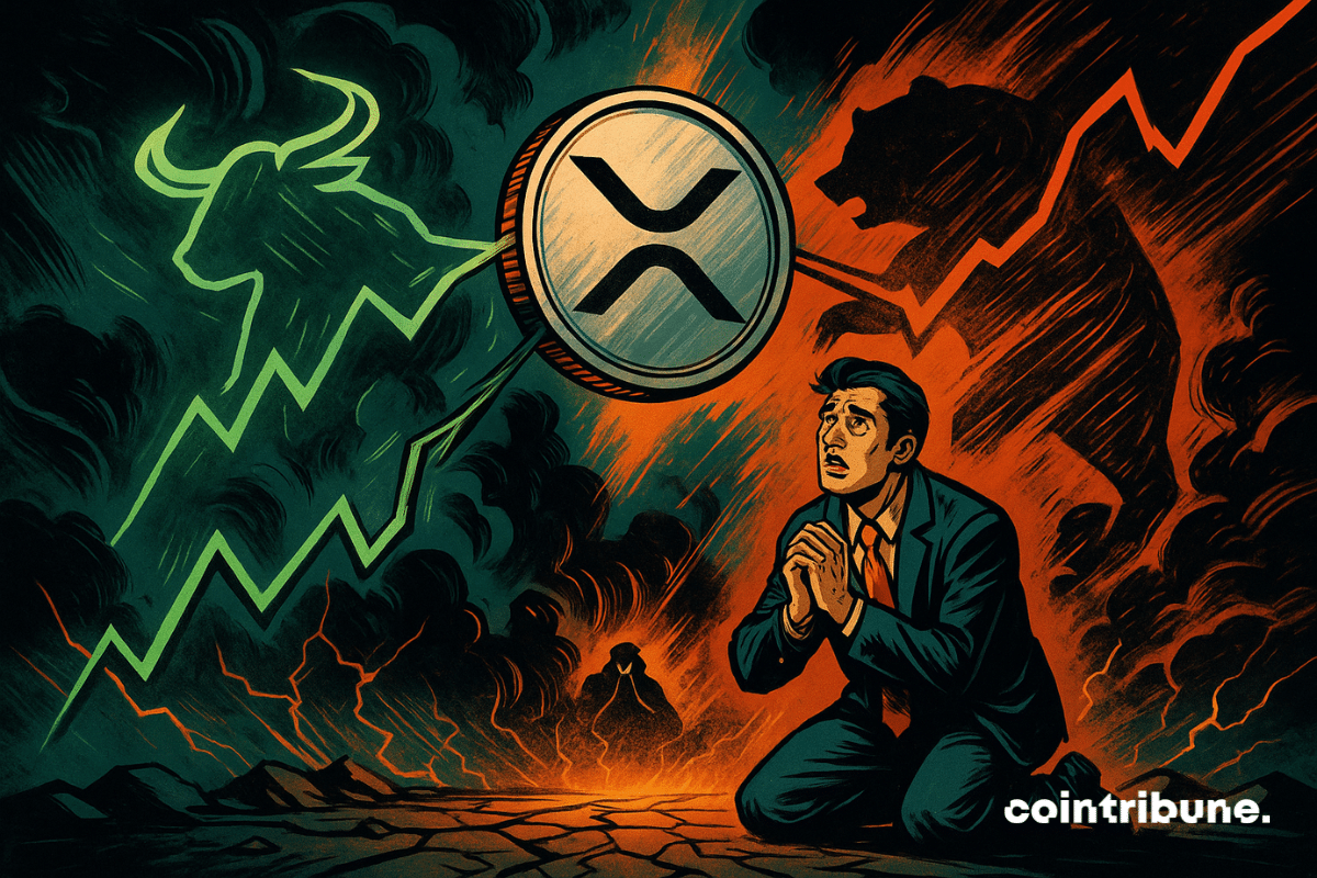 XRP floating at the center, pulled by two stylized entities (one bullish, one bearish), watched by a kneeling crypto investor.