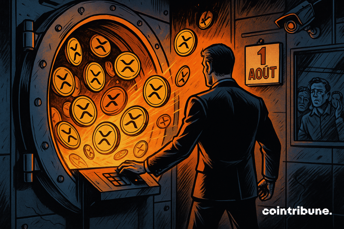 A figure seen from behind, representing Ripple, stands in front of the vault, arm extended forward, hand on a wall-integrated touch console. From the slightly opened vault flows a stream of glowing XRP tokens, floating in the air with metallic reflections.
