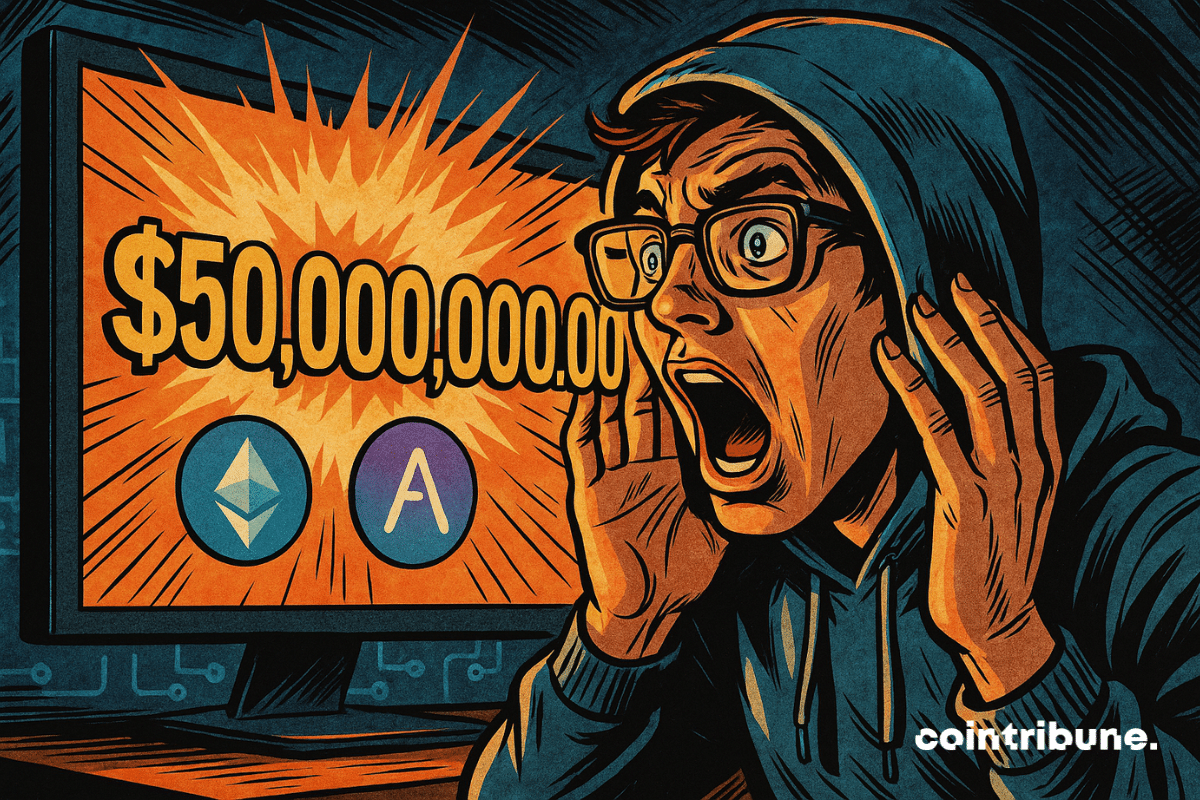 A young trader in a hoodie is stunned to discover a screen displaying $50 billion. The Ethereum and Aave logos glow, illustrating the spectacular explosion of DeFi.