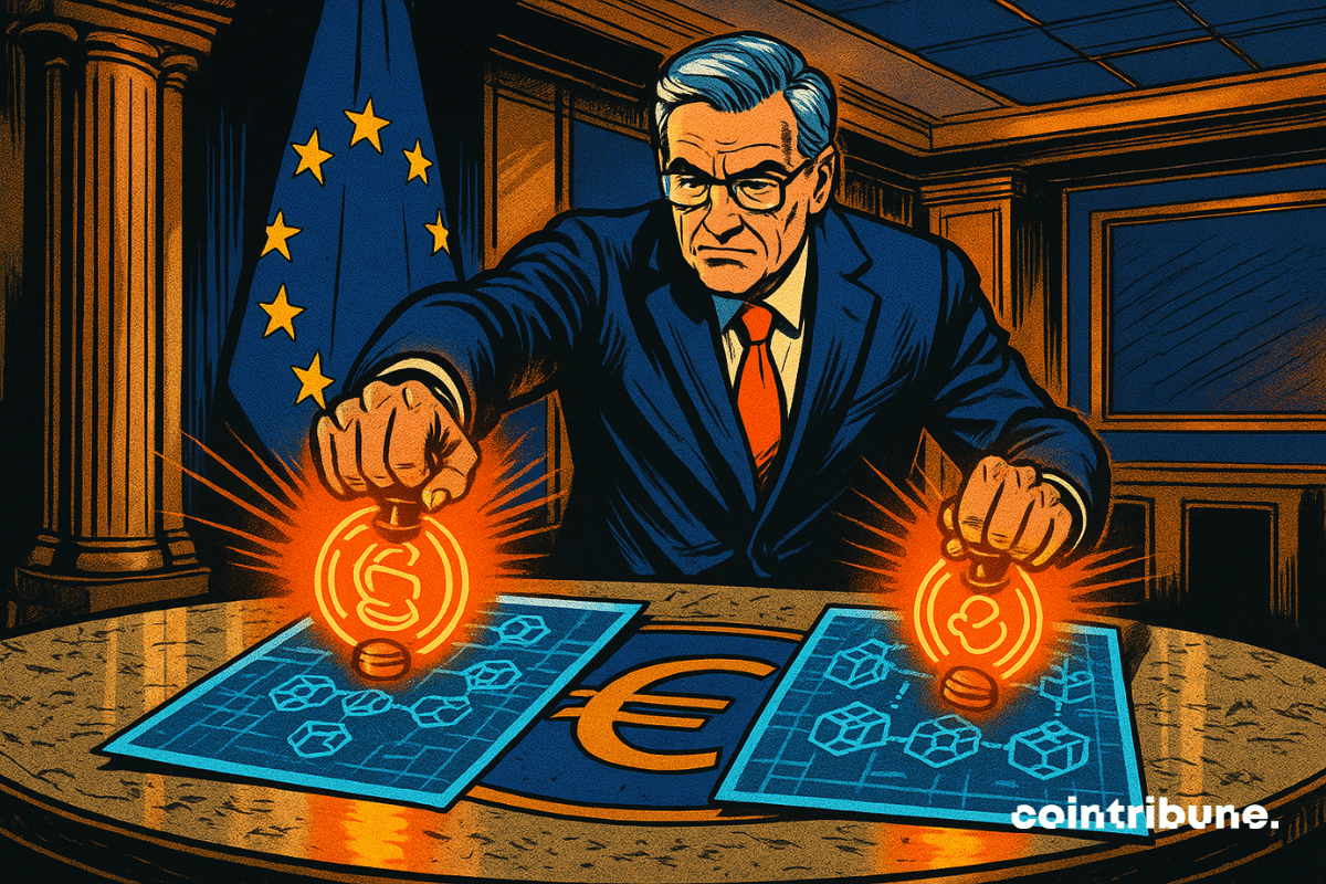 Um alto funcionário do BCE carimba dois documentos holográficos blockchain sobre uma mesa de mármore, sob a bandeira europeia. A iluminação laranja dramatiza esta cena solene de validação tecnológica.