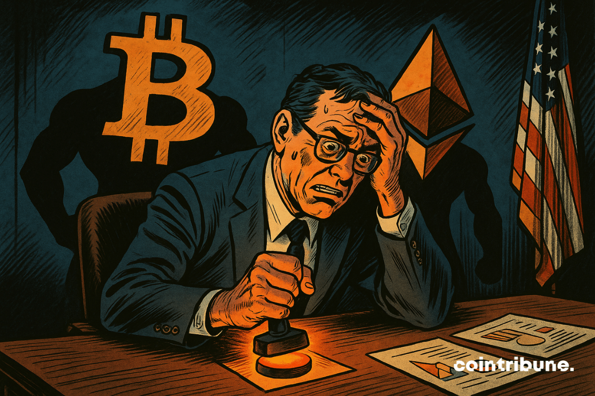 Un regulador preocupado se prepara para sellar un documento, agobiado por la amenaza inminente de Bitcoin y Ethereum. El ambiente dramático sugiere la intensa presión que sufre la SEC.