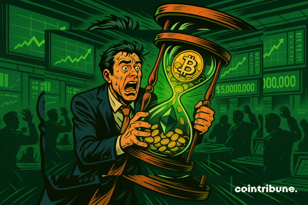 Un comerciante en pánico aferra un reloj de arena rebosante de Bitcoin y Ethereum. Las pantallas muestran un aumento explosivo de 5 mil millones de dólares. La atmósfera tensa refleja la urgencia de un mercado en ebullición.