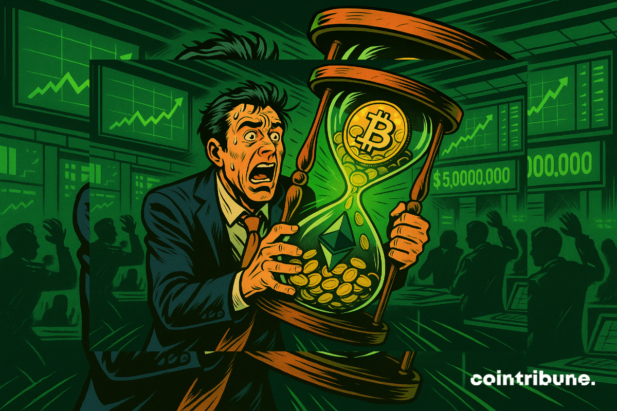 Un comerciante en pánico aferra un reloj de arena rebosante de Bitcoin y Ethereum. Las pantallas muestran un aumento explosivo de 5 mil millones de dólares. La atmósfera tensa refleja la urgencia de un mercado en ebullición.