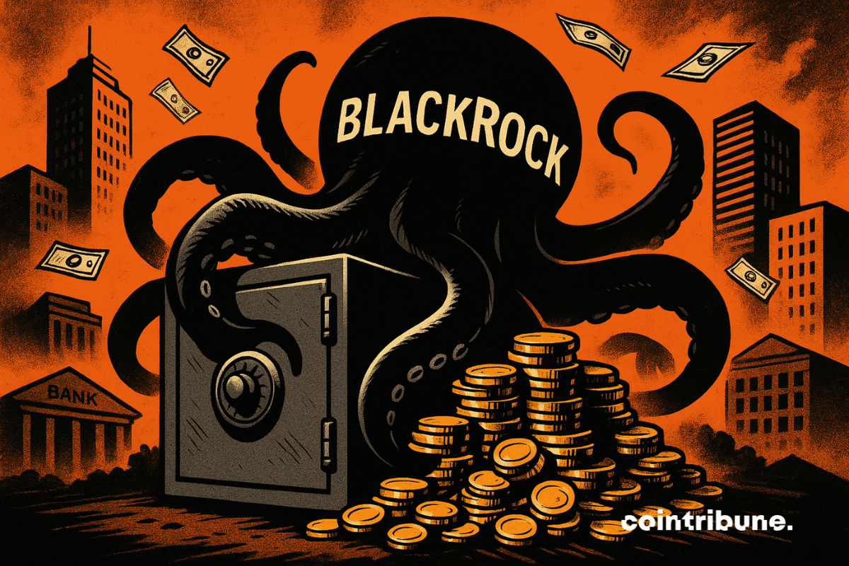 Ilustração simbólica da BlackRock confiscando as economias dos cidadãos, com uma mão gigante ou um polvo preto agarrando um cofre cheio de moedas.