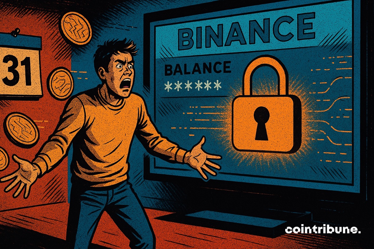 A crypto investor in front of a screen displaying his blocked Binance account.