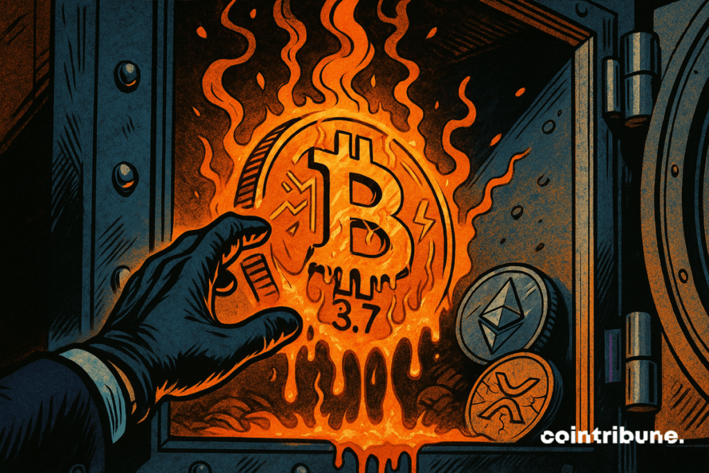 Una mano agarrando criptomonedas BTC derretidas de una bóveda