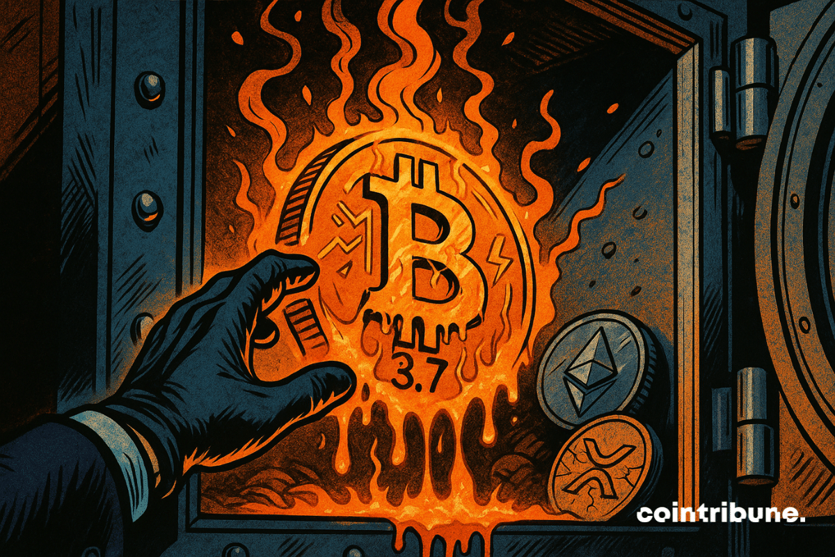 Una mano agarrando criptomonedas BTC derretidas de una bóveda