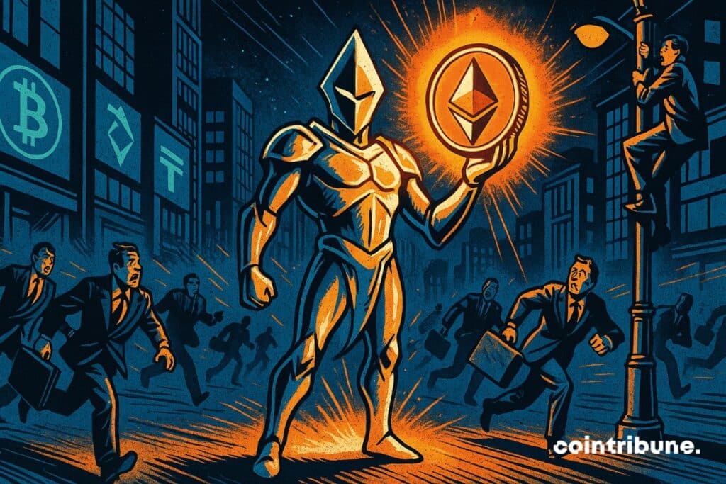 Um cavaleiro de armadura brilhante com uma grande e brilhante moeda Ethereum atrai investidores de criptomoedas que correm em sua direção com pastas cheias de dinheiro.