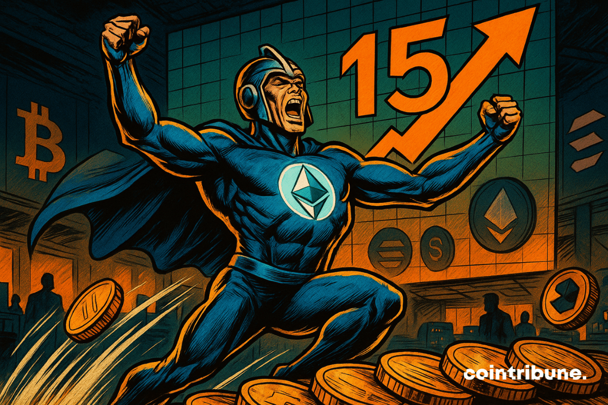 Ethereum no peito, braços erguidos em sinal de vitória. Ao fundo, um gráfico mostra uma seta laranja ascendente com o número "15", simbolizando 15 semanas de entradas.