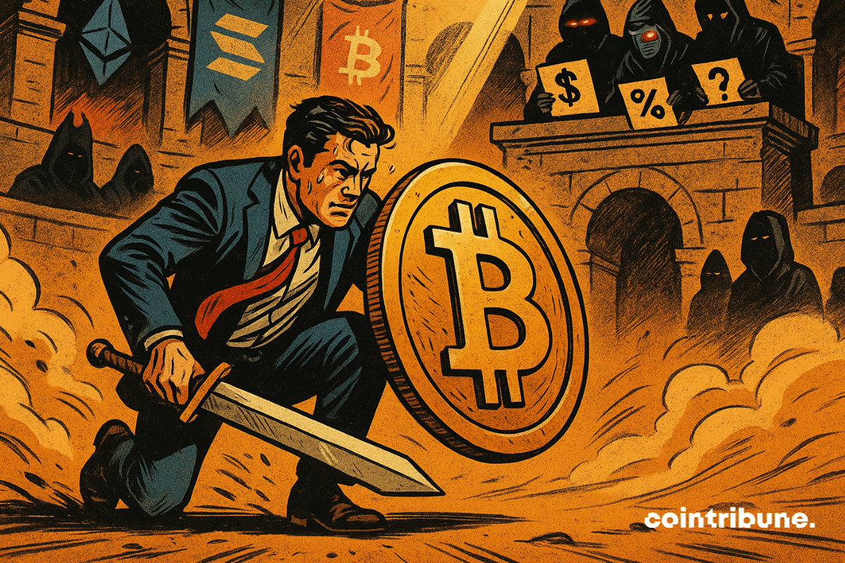 El empresario gladiador se arrodilla con el escudo de Bitcoin en la arena de criptomonedas.