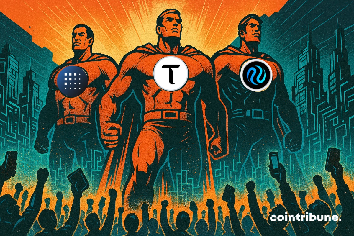 Three heroes representing AI cryptos with the TAO, INJ, and FET logos on their chests. They are cheered by a crowd.