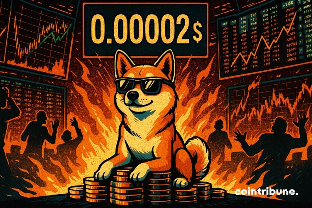El Shiba Inu en modo frío en una bolsa de cripto en llamas y un contador que muestra 0,00002 dólares.