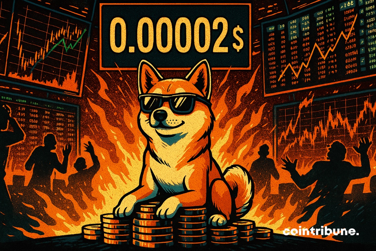 El Shiba Inu en modo frío en una bolsa de cripto en llamas y un contador que muestra 0,00002 dólares.