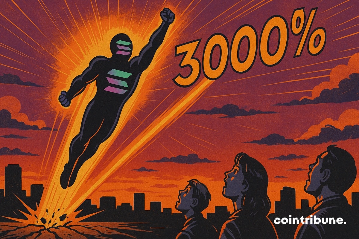 Solana in hero form flies under a sky displaying 3000%, in front of spectators.