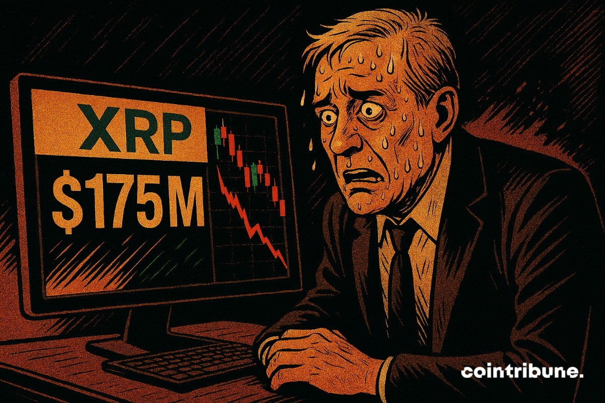 Ripple co-founder Chris Larsen under pressure in front of a screen displaying a $175 million XRP crypto transaction.