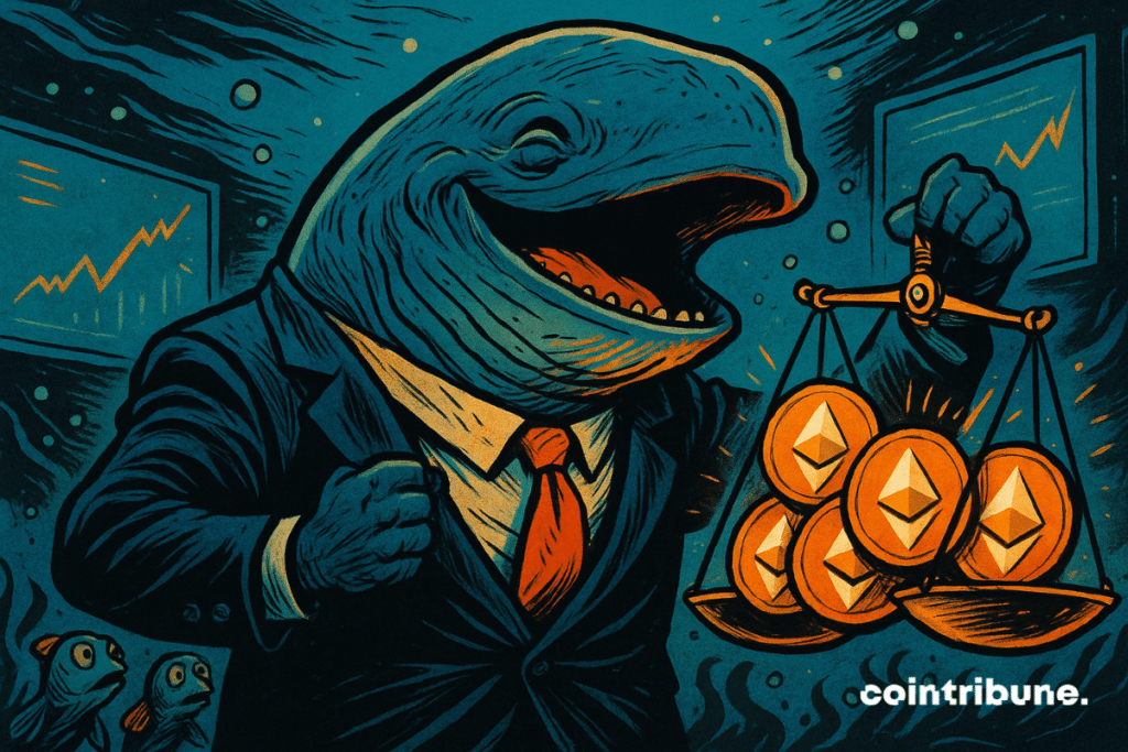 A whale in a suit holds a glowing ETH scale underwater, watched by fish, with charts rising in the background.