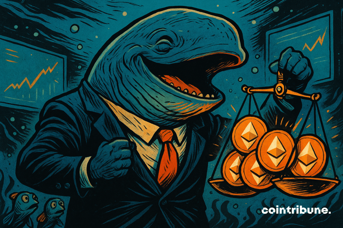 A whale in a suit holds a glowing ETH scale underwater, watched by fish, with charts rising in the background.