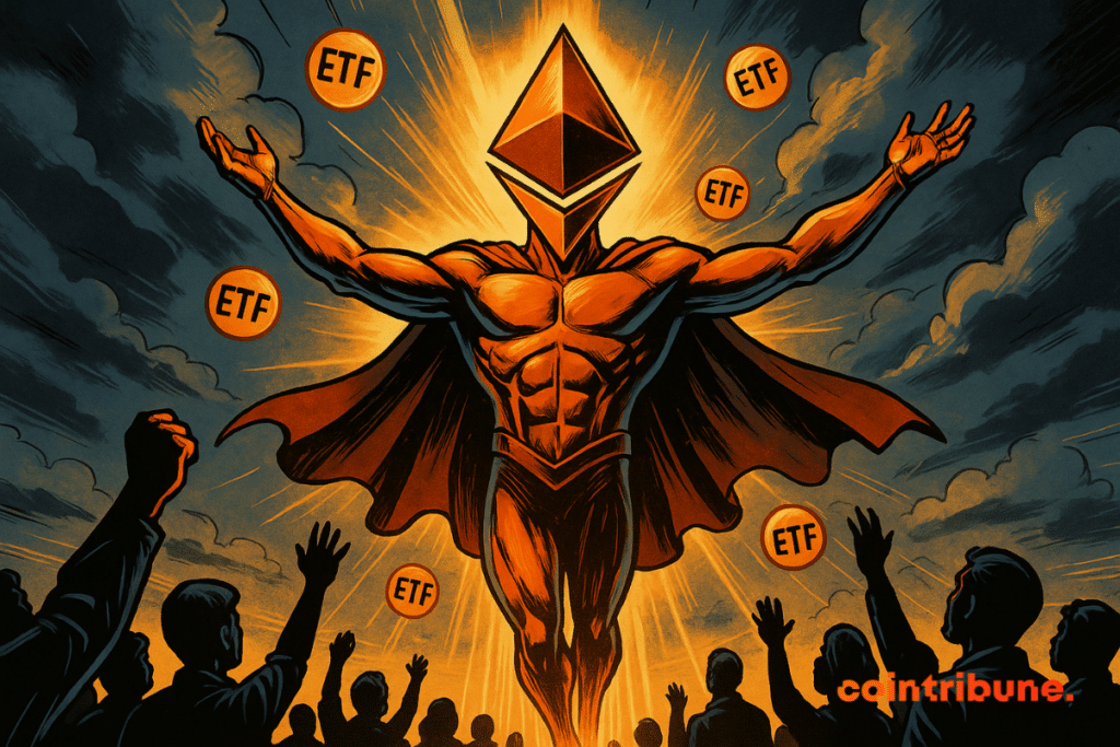 O Ethereum surge como um herói, brilhando intensamente enquanto as moedas do ETF orbitam e uma multidão aplaude sob um céu dramático.