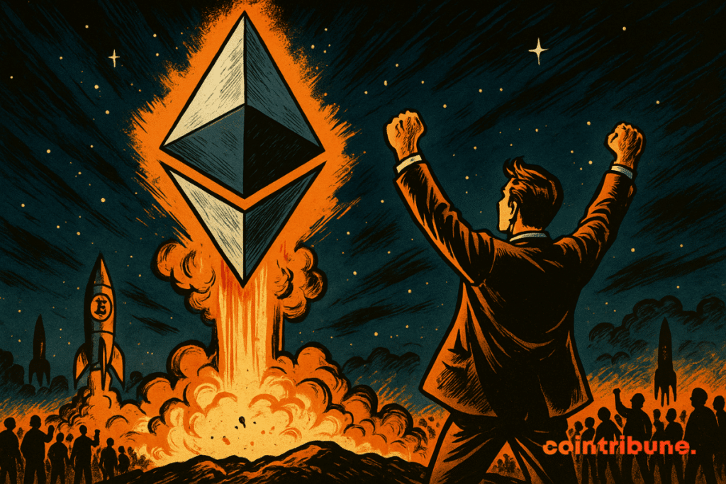 O foguete Ethereum é lançado em direção ao céu estrelado enquanto a multidão assiste com admiração, um trader comemora no estilo de história em quadrinhos vintage.