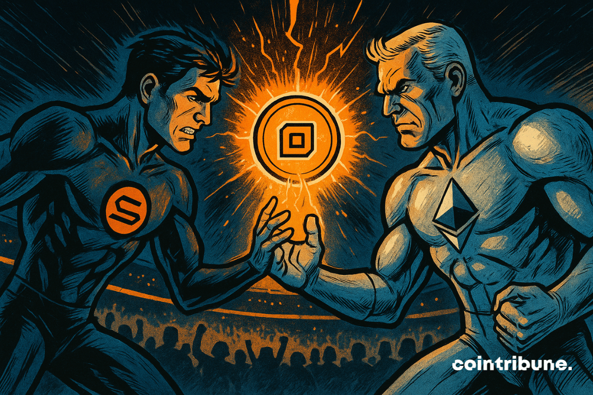Dans une arène survoltée, Solana et Ethereum s’affrontent pour un actif tokenisé lumineux. Leurs regards brûlants incarnent la rivalité féroce des blockchains dans un duel technologique épique.