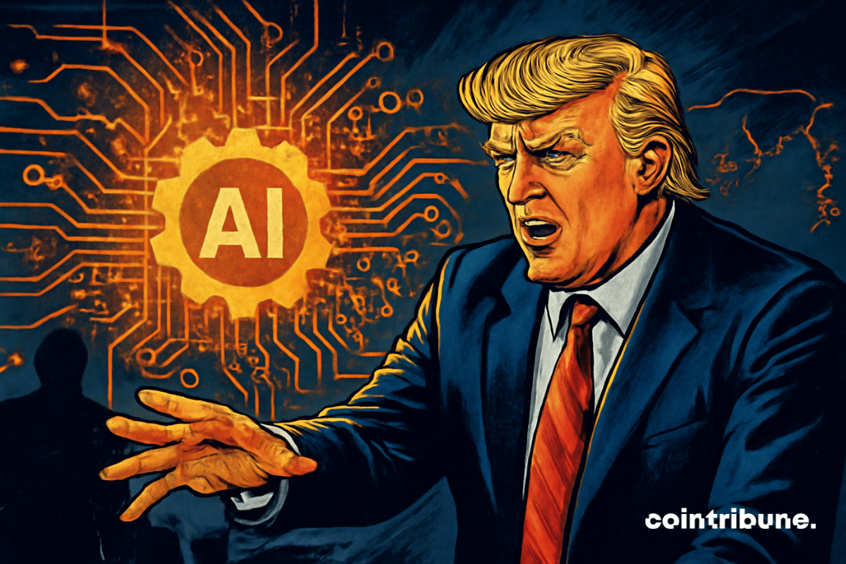 Donald Trump, dressed in a dark suit, reaches out toward a glowing AI hologram symbolizing a technological revolution, surrounded by electronic circuits and geopolitical tensions in an energetic atmosphere.