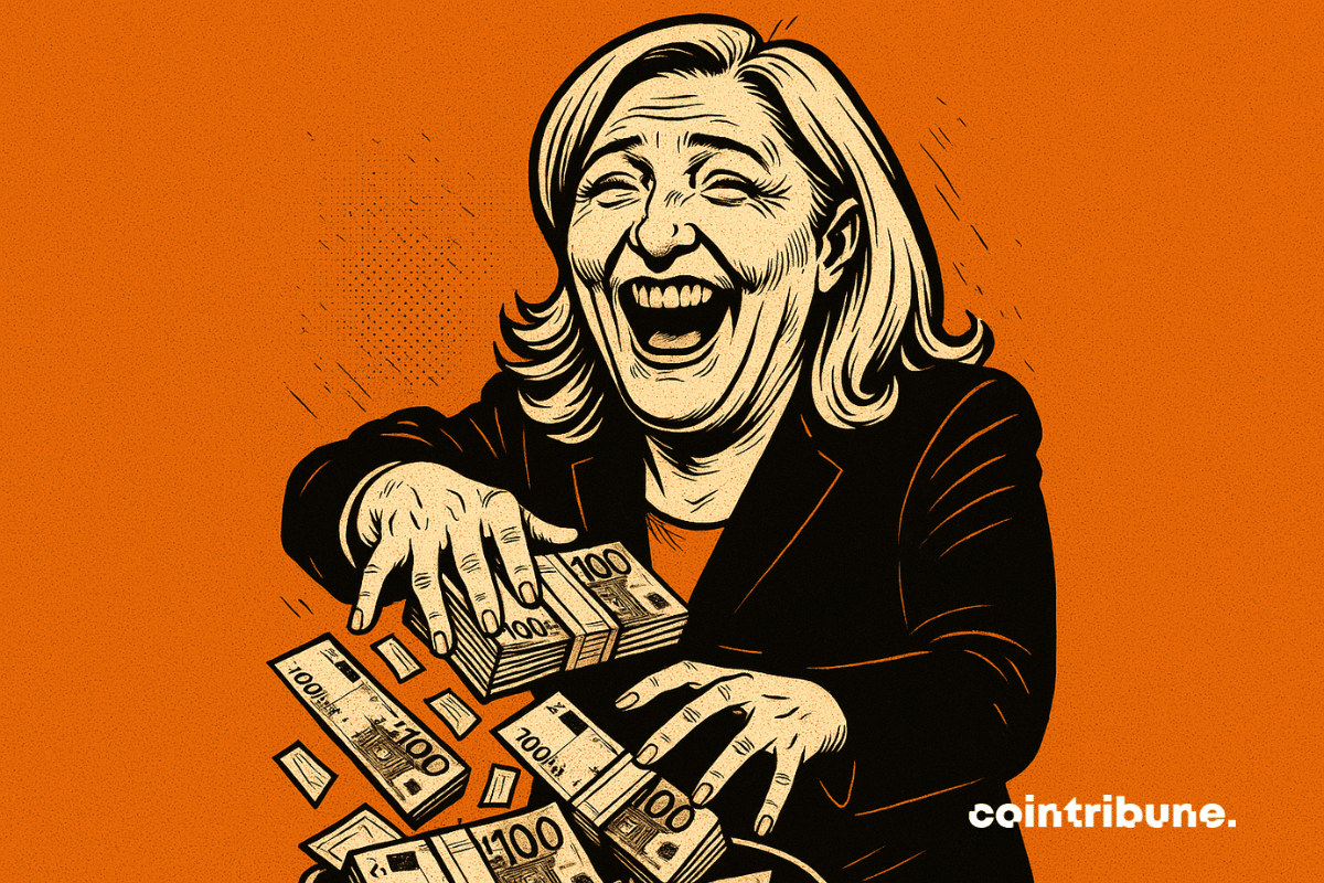 Marine Le Pen in a dark suit smiles broadly while handling bundles of banknotes.