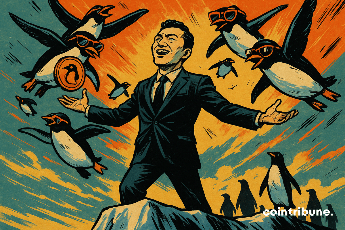 Justin Sun, triunfante em um iceberg, guia um bando de pinguins criptográficos com óculos chamativos em direção a um céu laranja brilhante. Uma cena épica que ilustra a ascensão da moeda meme PENGU.