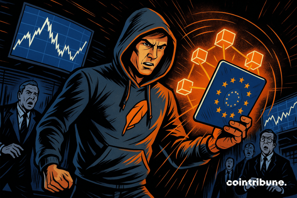 Um jovem trader da Robinhood, determinado, empunha um tablet holográfico exibindo blocos conectados e a bandeira europeia, sob os olhares chocados dos banqueiros em uma sala de mercado de criptomoedas futurista.