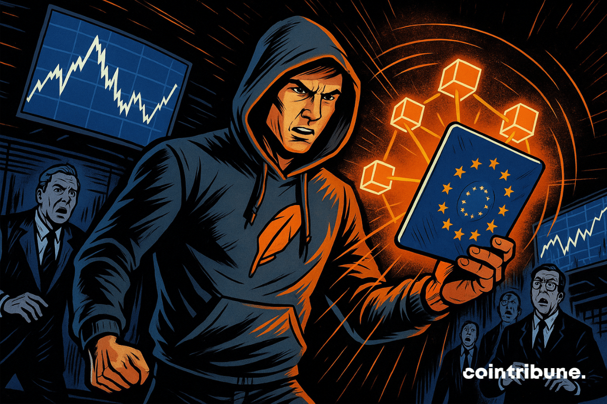 Um jovem trader da Robinhood, determinado, empunha um tablet holográfico exibindo blocos conectados e a bandeira europeia, sob os olhares chocados dos banqueiros em uma sala de mercado de criptomoedas futurista.