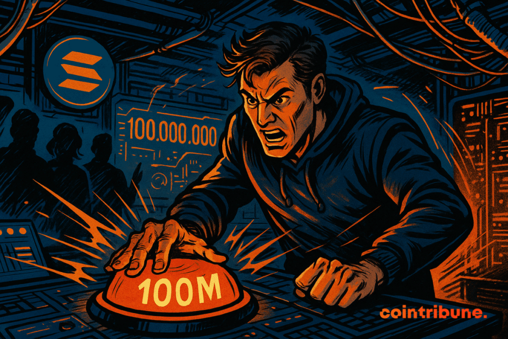 A determined engineer hits a glowing "100M" button in a Solana control room as data overload flashes on a digital screen.