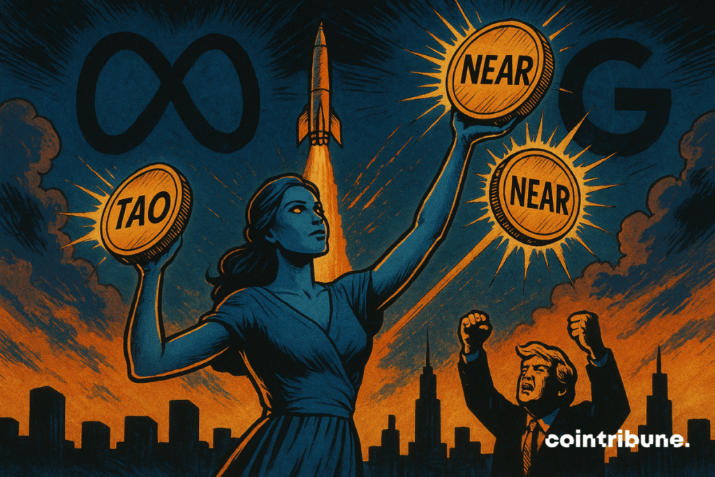 A robed android woman raises AI tokens (TAO, NEAR, ICP) under a blazing sky. A rocket, Trump, and Google/Meta logos symbolize the explosive rise of cryptocurrencies.