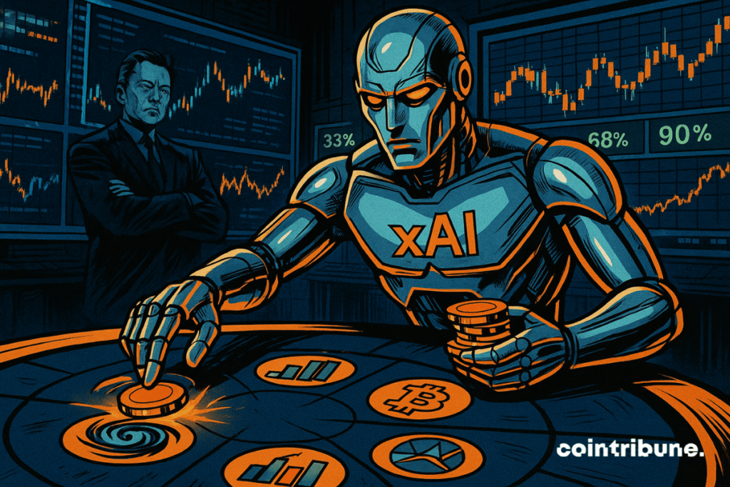 An xAI robot places chips on an AI prediction board, watched by Elon Musk. Behind it, screens display financial prices and numerical probabilities.