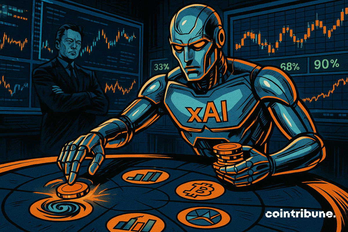 An xAI robot places chips on an AI prediction board, watched by Elon Musk. Behind it, screens display financial prices and numerical probabilities.