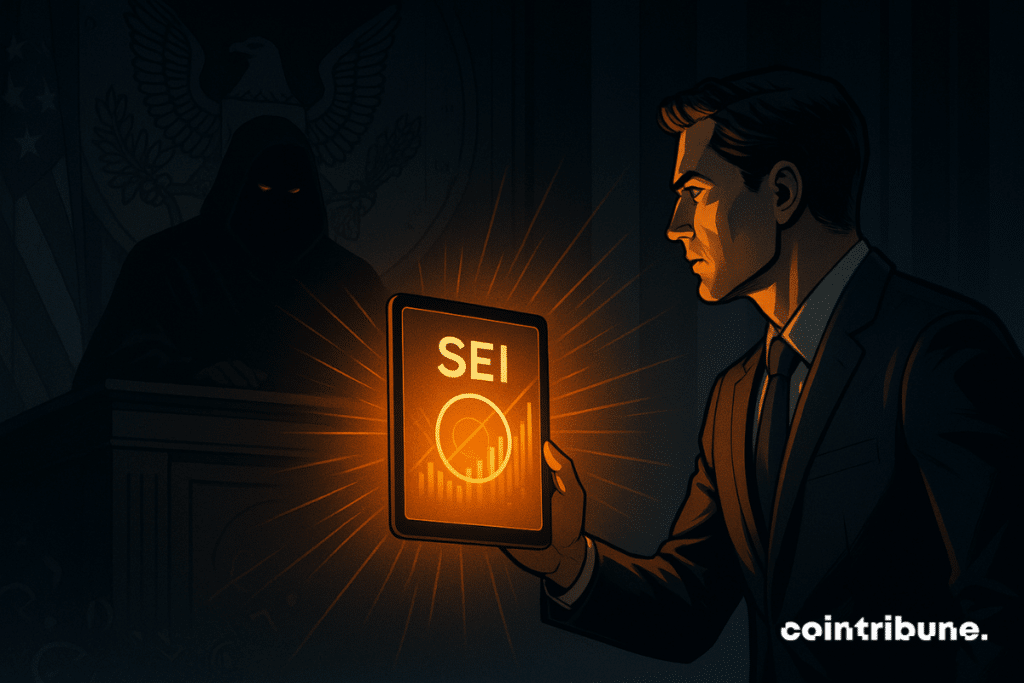 Um homem de terno apresenta um tablet brilhante da SEI a uma figura obscura da SEC em um tribunal escuro.