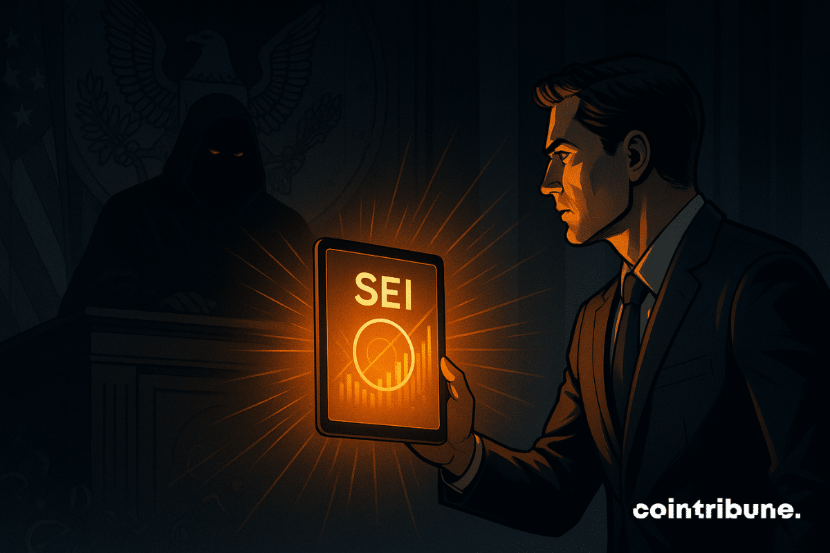 Um homem de terno apresenta um tablet brilhante da SEI a uma figura obscura da SEC em um tribunal escuro.