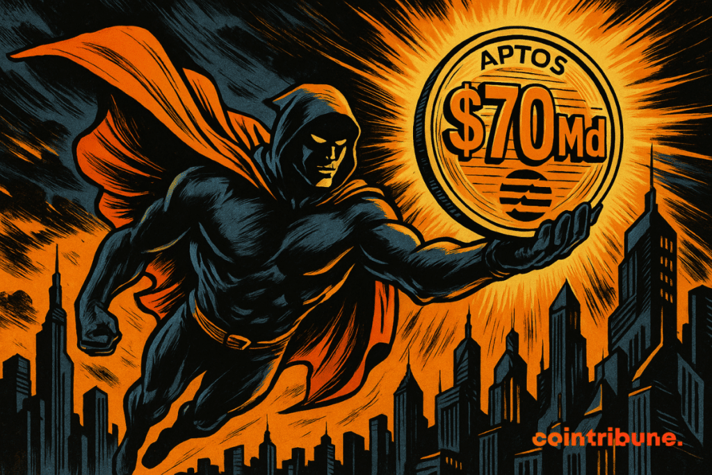 Superhero Aave flies over a futuristic city, orange cape floating, holding Aptos light-up token,  billion numbers, dynamic rays and movement.