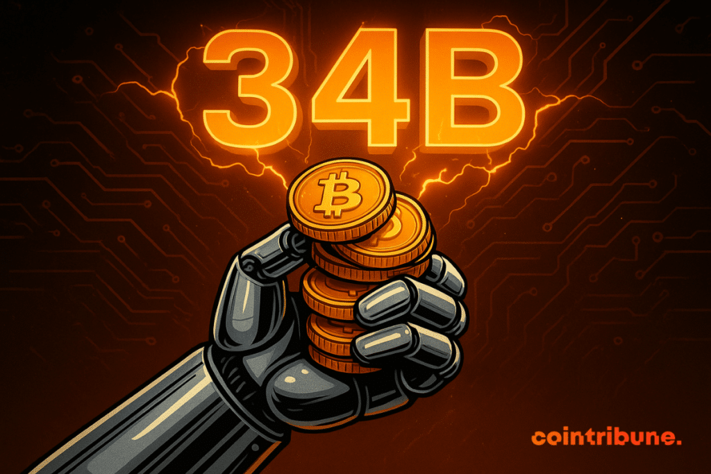 Une main robotique métallique saisit une pile de pièces Bitcoin dorées brillantes sous un « 34B » orange vif avec des arcs électriques, sur fond de circuit imprimé sombre.