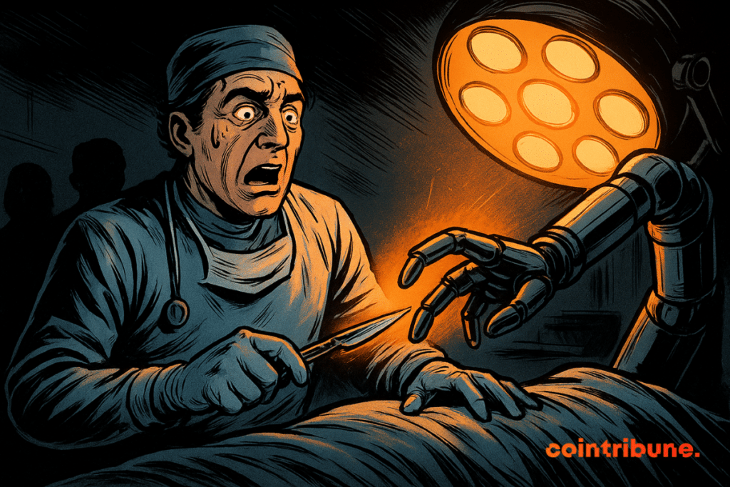 Um cirurgião chocado em uma sala de cirurgia recua quando um braço robótico simbolizando inteligência artificial alcança seu bisturi sob uma luz cirúrgica laranja.