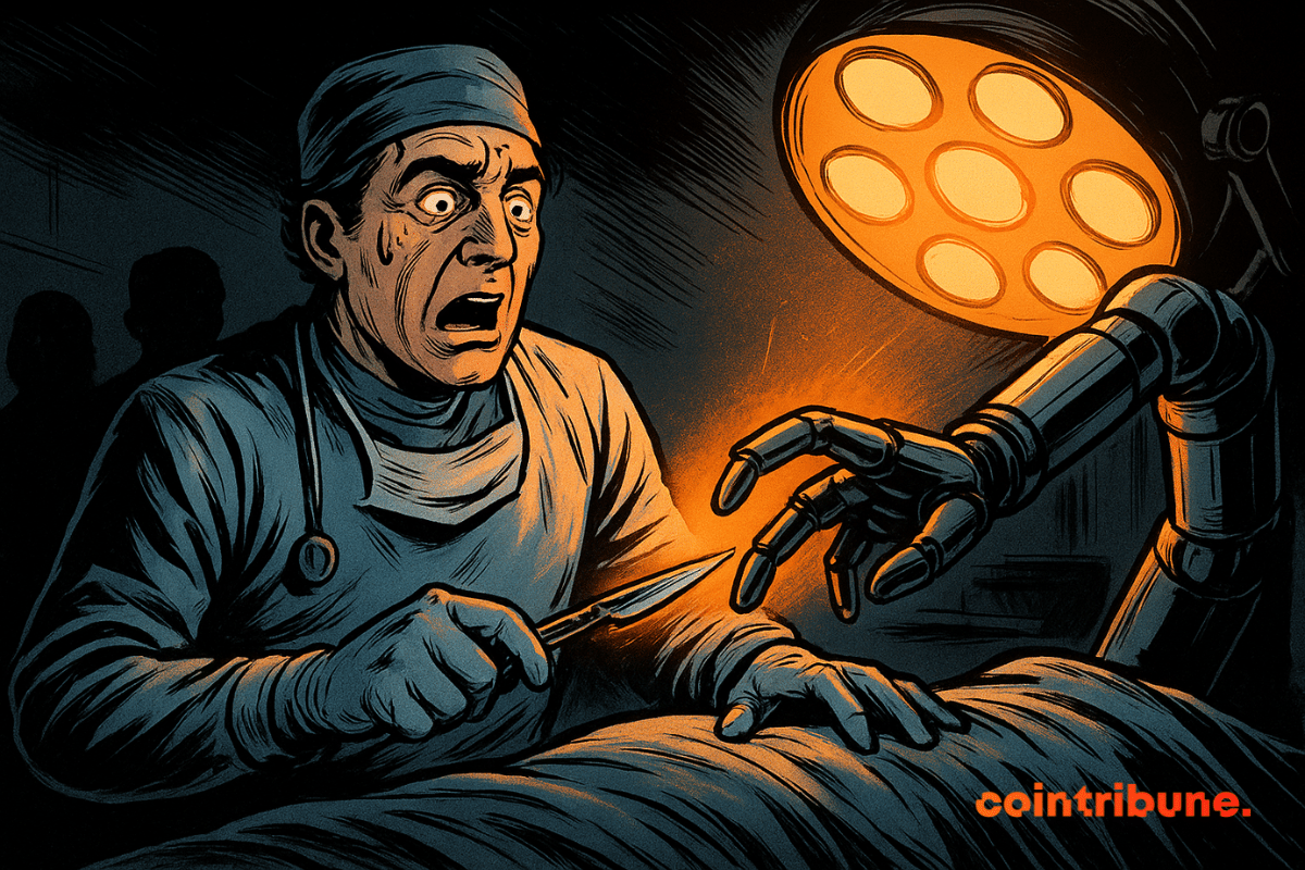 A shocked surgeon in an operating room recoils as a robotic arm symbolizing artificial intelligence reaches for his scalpel under an orange surgical light.