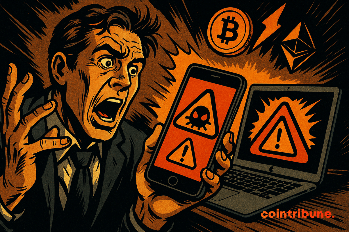Panicked Apple user, iPhone and MacBook displaying viruses, floating crypto icons, orange alerts, dark silhouettes, dramatic tension and urgency.