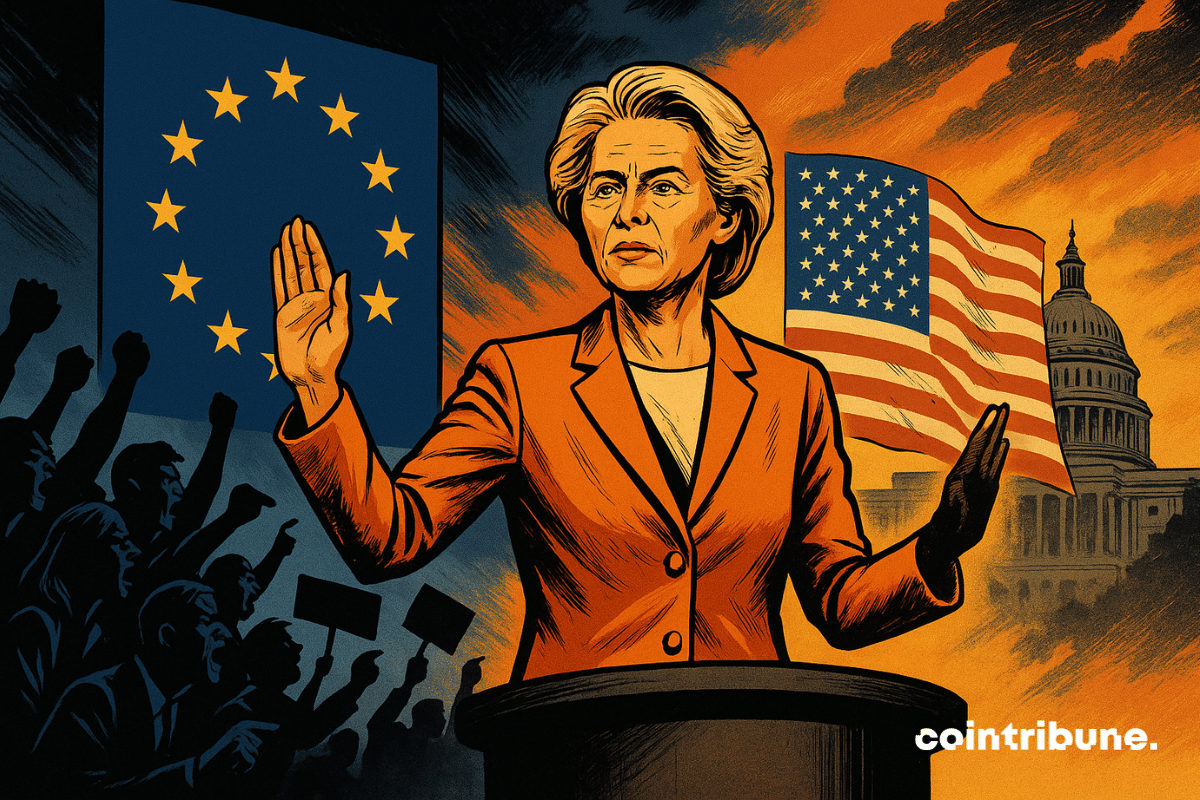 Ursula von der Leyen, presidenta de la Comisión de la Unión Europea, está situada sobre un podio circular elevado, vestida con un traje formal naranja con reflejos ligeramente dorados. Tiene una mano levantada, con la palma abierta hacia adelante en un gesto de apaciguamiento o de diálogo. Está girada ligeramente hacia la derecha (lado de Estados Unidos), expresando visualmente su intento de acercamiento.