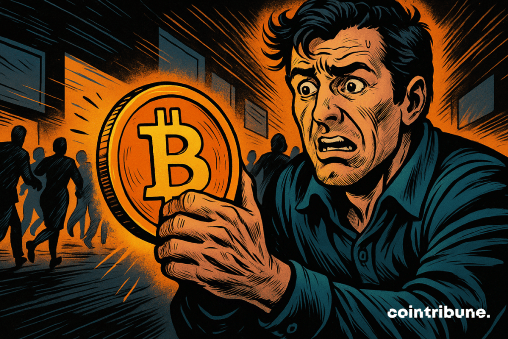 Un inversor decidido se aferra al Bitcoin dorado, la multitud presa del pánico se aleja, tensión palpable, resplandor brillante, caos financiero, contraste dramático, energía intensa.