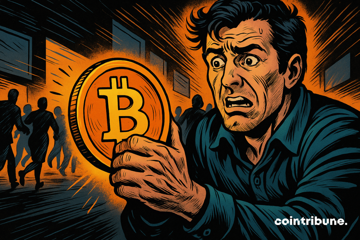 Investidor determinado agarra Bitcoin dourado, multidão em pânico se afasta, tensão palpável, brilho intenso, caos financeiro, contraste dramático, energia intensa.